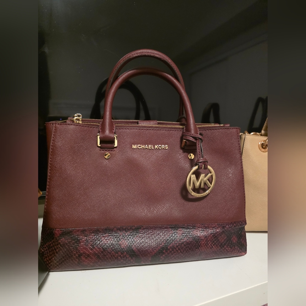 Michael Kors Maroon and Snake Print Satchel